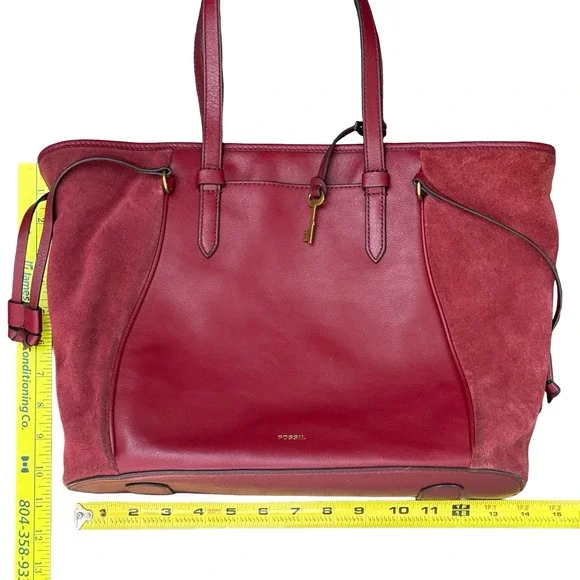 Fossil Charli Leather and Suede Tote Bag Triple Compartment Red Shoulder Bag - Picture 15 of 16